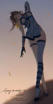 Rule 34 | aerith gainsborough, aerith gainsborough (garb of the possessed), artist name, bandaged arm, bandaged foot, bandaged leg, bandaged neck, bandages, black shoes, blue negligee, bouquet, braid, braided hair rings, breasts, brown hair, clothing cutout, commentary, cosplay, crossed legs, dated, detached sleeves, falling petals, final fantasy, final fantasy vii, final fantasy vii: ever crisis, flower, full body, gradient background, green eyes, hair rings, happy birthday, highres, holding, holding bouquet, kaine (nier), kaine (nier) (cosplay), light blush, lily (flower), lingerie, long hair, looking at viewer, medium breasts, negligee, official alternate costume, official alternate hairstyle, original, panties, parted bangs, parted lips, petals, shoes, sidelocks, single bare shoulder, stomach cutout, thigh gap, thigh strap, underwear, white panties, yaoko, yellow flower, yellow petals