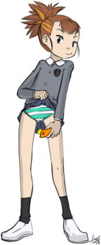 1girl aogami cellphone clothes_lift digimon digimon_tamers loli makino_ruki panties phone school_uniform shoes skirt skirt_lift smile source_request striped_clothes striped_panties underwear white_shoes