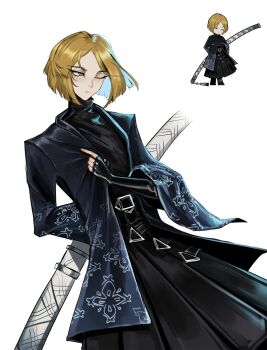 Rule 34 | 1boy, arm behind back, black gloves, black hakama, black haori, black pants, black shirt, black sleeves, blonde hair, blue hair, blunt ends, closed mouth, colored inner hair, elbow gloves, expressionless, eyelashes, fingerless gloves, floral print sleeves, game screenshot inset, gloves, hakama, hakama pants, haori, highres, holding, holding behind back, holding sword, holding sword behind back, holding weapon, holding weapon behind back, japanese clothes, limbus company, long sleeves, looking to the side, male focus, multicolored hair, pants, pinky (identity) (project moon), pleated pants, project moon, reference inset, screenshot inset, shirt, sinclair (project moon), solo, sword, tsurime, turtleneck, turtleneck shirt, weapon, white background, yellow eyes, zio 444