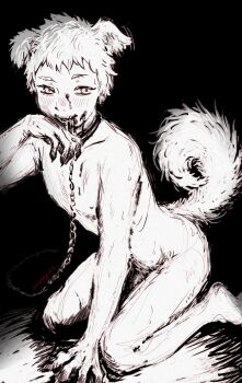 1boy animal_ears blood blood_on_face blood_on_hands chain chain_leash commentary dog_boy dog_ears dog_tail english_commentary fingernails greyscale highres hikaru_ga_shinda_natsu indou_hikaru kneeling leash looking_at_viewer male_focus monochrome nude penis penis_peek red_pupils sapphyrwind sharp_fingernails short_eyebrows short_hair solo sweat tail twitter_username