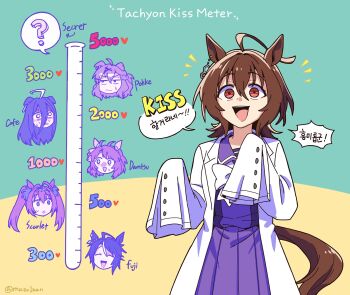 6+girls :d :o ? ^_^ agnes_tachyon_(umamusume) ahoge animal_ears bilingual_commentary black_hair bow bowtie brown_hair closed_eyes commentary daiwa_scarlet_(umamusume) dantsu_flame_(umamusume) earrings fuji_kiseki_(umamusume) gloom_(expression) hair_between_eyes highres horse_ears horse_girl horse_tail huge_ahoge jewelry jungle_pocket_(umamusume) kiss_meter_(meme) korean_commentary korean_text lab_coat long_sleeves manhattan_cafe_(umamusume) mazu1kan medium_hair meme mixed-language_commentary multiple_girls open_mouth pleated_skirt purple_shirt purple_skirt red_eyes school_uniform shirt single_earring skirt sleeves_past_fingers sleeves_past_wrists smile tail test_tube tracen_school_uniform translation_request twintails twitter_username umamusume white_bow white_bowtie