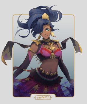 1girl anamorte_art artist_name blue_eyes blue_hair dancer dark-skinned_female dark_skin earrings female_focus fire_emblem fire_emblem:_fortune's_weave gold_choker gold_earrings hair_over_one_eye high_ponytail highres hoop_earrings jewelry leda_(fire_emblem) navel nintendo ponytail