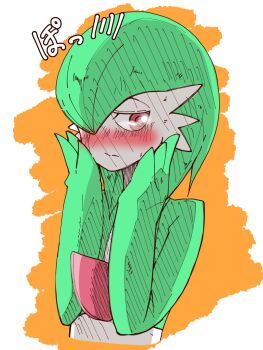 Rule 34 | 1girl, averting eyes, backlighting, blush, closed mouth, colored skin, cropped torso, embarrassed, female focus, gardevoir, gen 3 pokemon, green hair, green skin, hair over one eye, half-closed eyes, hands on own cheeks, hands on own face, hands up, japanese text, looking to the side, medium hair, multicolored skin, nero (neroakasha), nintendo, nose blush, one eye covered, orange background, pokemon, pokemon (creature), red eyes, sideways glance, solo, split mouth, translation request, two-tone skin, upper body, white skin