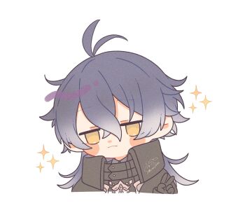 1boy antenna_hair black_capelet black_gloves blush_stickers capelet chibi chibi_only closed_mouth collared_capelet commentary_request cropped_torso crossed_bangs double-parted_bangs empty_eyes flins_(genshin_impact) frown genshin_impact gloves gradient_hair hair_between_eyes highres jitome long_hair long_sleeves looking_at_viewer male_focus multicolored_hair nijijings signature simple_background sleeve_cuffs solo sparkle sparkling_aura v white_background yellow_eyes