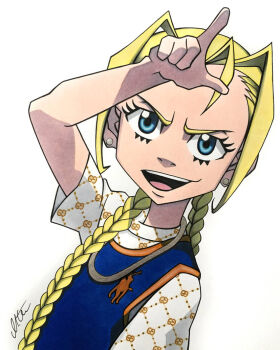 1girl basketball_jersey blonde_hair blue_eyes braid child cindy_mcphearson colored_pencil_(medium) commentary earrings english_commentary jewelry long_bangs long_hair looking_at_viewer loser_gesture neck open_mouth repoortmrots shirt signature solo t-shirt the_boondocks traditional_media twin_braids upper_body white_background