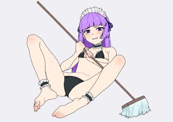 1girl absurdres aikatsu! aikatsu!_(series) ankle_garter barefoot bikini black_bikini blue_ribbon blunt_bangs breasts choker frilled_choker frills full_body hair_ribbon highres hikami_sumire holding holding_mop long_hair maid maid_bikini maid_headdress mop osame purple_eyes purple_hair ribbon sitting small_breasts solo swimsuit toes unconventional_maid