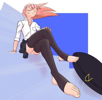 1girl black_skirt black_thighhighs blue_background border bracelet closed_eyes closed_mouth clothes_around_waist collared_shirt crossed_legs ear_piercing earrings feet foot_focus full_body gina_(undead_unluck) hand_on_own_knee heart heart_earrings jacket jacket_around_waist jewelry legs long_hair long_sleeves necklace no_shoes piercing pink_hair pleated_skirt rayos school_uniform shirt sitting sitting_on_stairs skateboard skirt smile soles solo stairs stirrup_legwear thighhighs toeless_legwear toenails toes undead_unluck white_border white_shirt