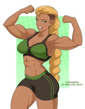 Rule 34 | 1girl, abs, armpits, blonde hair, braid, breasts, flexing pectorals, green eyes, gym shirt, gym shorts, highres, large breasts, muscular, muscular female, original, shirt, shorts, side cut, single braid, smile, thick thighs, thighs, yellow nicky