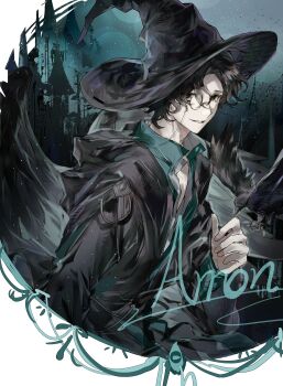 1boy absurdres amon_(lord_of_the_mysteries) bird bird_on_hand black_bird black_eyes black_hair black_hat black_robe black_wings character_name coat crow curtained_hair green_shirt hat highres looking_at_viewer lord_of_the_mysteries male_focus monocle nieqingfeng29331 night open_clothes open_coat partially_unbuttoned popped_collar robe round_image shirt short_hair sky smile solo teeth wavy_hair white_shirt wings witch_hat
