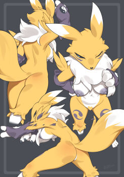 1girl absurdres animal_ears ass black_sclera blue_eyes body_fur breasts censored claws colored_sclera digimon digimon_(creature) facial_mark fox_ears fox_girl fox_tail furry furry_female heart heart_censor highres neck_fur nipples renamon snout standing tail two-tone_fur white_fur yellow_fur zinfyu