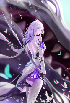 Rule 34 | 1girl, absurdres, artist name, black corset, bug, butterfly, castorice (honkai: star rail), chinese commentary, corset, cropped legs, dragon, dress, english text, flower, hair flower, hair ornament, highres, holding, holding scythe, honkai: star rail, honkai (series), insect, long hair, mr goblin, pants, parted lips, pink flower, pointy ears, purple eyes, purple hair, scythe, standing, white dress, white pants