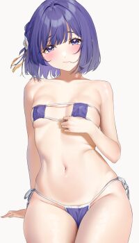 1girl absurdres bikini blue_bikini blush breasts commentary_request cowboy_shot eyepatch_bikini flower gakuen_idolmaster groin hair_flower hair_ornament hataya_misuzu highres idolmaster looking_at_viewer medium_hair mole mole_under_mouth navel purple_eyes purple_hair shinonome_shake side-tie_bikini_bottom skindentation small_breasts solo stomach swimsuit white_background white_flower