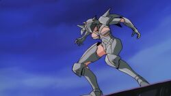 1boy 1girl action animated armor ass attack audible_music biker_clothes bikesuit black_hair bodysuit breasts close-up cutie_honey cutie_honey_(character) flying helmet henshin highres kicking legs motor_vehicle motorcycle navel nipples nude purple_hair shin_cutie_honey short_hair smile smirk sound sparkle_background tagme transformation undressing video