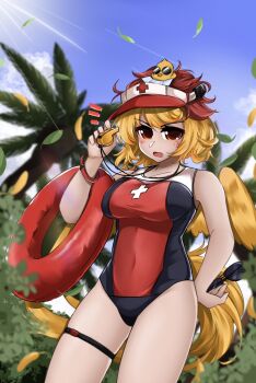 Rule 34 | 1girl, alternate costume, animal, animal on head, baby animal, bird, bird on head, bird tail, bird wings, blonde hair, blue sky, chick, commentary, covered navel, english commentary, feathered wings, highres, innertube, lifeguard, looking at viewer, niwatari kutaka, on head, one-piece swimsuit, outdoors, palm tree, protected link, red eyes, short hair, sky, statisticstater, swim ring, swimsuit, tail, thigh strap, touhou, tree, whistle, wings, yellow wings