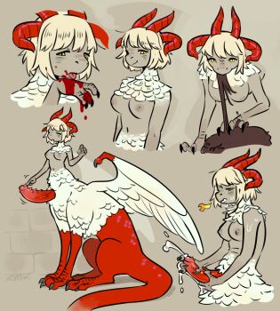 blonde_hair blood blood_on_face blood_on_hands breasts chimera claws commentary cum dragon_girl dragon_horns dragon_tail dungeon_meshi eating ejaculation english_commentary falin_touden falin_touden_(chimera) feathered_wings feathers highres horns masturbation penis somikart tagme tail wings yellow_eyes