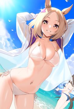 2girls absurdres admire_vega_(umamusume) animal_ears armpits arms_up beach bikini blonde_hair blue_bikini blue_sky breasts cleavage commentary day ear_ornament grin highres horse_ears horse_girl horse_tail jacket large_breasts medium_hair multiple_girls narita_top_road_(umamusume) navel ocean outdoors sand see-through_clothes see-through_jacket side-tie_bikini_bottom sky smile swimsuit untranslatable_commentary tail ugohato umamusume water white_bikini yellow_eyes