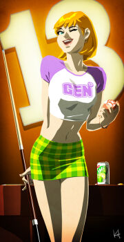 1girl ball billiard_ball billiards bracelet breasts caitlin_fairchild can copyright_name cue_stick dc_comics fairchild_(gen13) female_focus gen13 gen_13 gradient_background indoors jewelry kit one_eye_closed plaid_clothes plaid_skirt pool_table raglan_sleeves shirt short_hair skirt soda solo t-shirt table wink