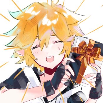 Rule 34 | 1boy, :d, ^ ^, aotu world, black gloves, blonde hair, blush, box, chinese commentary, closed eyes, emphasis lines, facing viewer, fingerless gloves, gift, gift box, gloves, hair between eyes, highres, holding, holding gift, hood, hood down, hoodie, king (aotu world), male focus, multicolored hoodie, open mouth, pointy ears, short hair, short sleeves, simple background, smile, solo, teeth, toonehappy, upper body, upper teeth only, white background, white hoodie