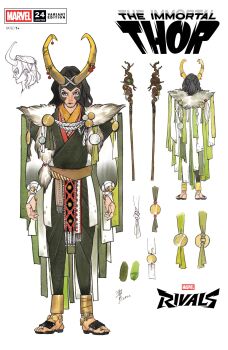 Rule 34 | 1boy, 2025, absurdres, black eyes, black hair, cape, comic cover, concept art, copyright logo, copyright name, cover, cover page, demon days (marvel), english text, fake horns, full body, fur-trimmed cape, fur trim, highres, horned headwear, horns, japanese clothes, logo, loki (marvel), loki (shin sagi-shi) (marvel), long hair, male focus, marvel, marvel rivals, medallion, official alternate costume, official art, peach momoko, profile, reference sheet, sandals, signature, solo, staff, thor (marvel) (series), white background