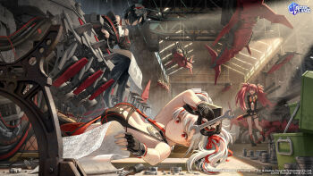 3girls :o absurdres azur_lane black_choker black_footwear black_gloves black_hair black_jacket blueprint_(object) boots breasts chain choker cleavage cross dirty fang fingerless_gloves gloves goggles goggles_on_head hair_over_one_eye hair_ribbon highres holding holding_torpedo holding_wrench horns indoors iron_cross jacket jewelry large_breasts lying medium_breasts midriff multicolored_hair multiple_girls navel necklace non-humanoid_robot official_art on_back pinakes prinz_adalbert_(azur_lane) red_eyes red_hair red_legwear red_ribbon ribbon rigging robot robot_animal robot_fish scaffolding screwdriver shark short_hair short_twintails shrug_(clothing) silver_hair sitting socks streaked_hair sunlight sweat sweatdrop thigh_boots thighhighs tools torn_clothes torn_legwear torpedo twintails two-tone_hair u-1206_(azur_lane) ulrich_von_hutten_(azur_lane) wrench