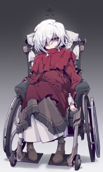 1girl absurdres boots brown_boots closed_mouth commentary commentary_request english_commentary full_body highres imazawa long_sleeves mixed-language_commentary original paid_reward_available purple_eyes short_hair sitting solo tagme variant_set wheelchair white_hair