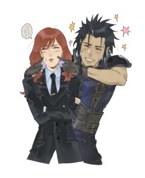 1boy 1girl armor belt black_gloves black_jacket black_necktie blue_pants blue_shirt blush brown_hair cissnei closed_eyes collarbone crisis_core:_final_fantasy_vii cropped_legs cross_scar crossed_arms exntrc facial_scar final_fantasy final_fantasy_vii fingerless_gloves fingers_to_cheeks gloves grin hair_between_eyes hair_slicked_back hands_on_another&#039;s_cheeks hands_on_another&#039;s_face hetero highres jacket long_hair multiple_belts necktie pants pauldrons scar scar_on_cheek scar_on_face shirt shoulder_armor sleeveless sleeveless_turtleneck smile spoken_squiggle squiggle suit_jacket suspenders teeth tie_clip turtleneck upper_body white_background white_shirt zack_fair