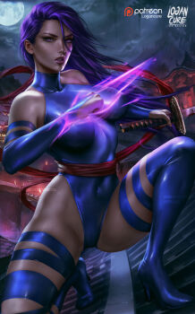 1girl artist_name blue_leotard breasts curvy energy_blade full_body glowing glowing_weapon highleg highleg_leotard highres kneeling large_breasts leotard lips logan_cure long_hair looking_at_viewer marvel night psylocke purple_hair red_sash revealing_clothes sash shiny_skin sky solo very_long_hair weapon wide_hips x-men