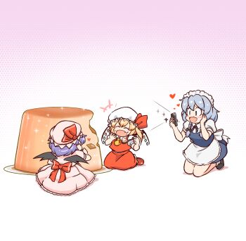 3girls :d ^_^ apron ascot back_bow bilingual_commentary black_boots black_wings blonde_hair blood blue_dress blue_ribbon blue_wings blush boots bow braid braided_twintails cellphone closed_eyes collared_shirt commentary crystal_wings dress eating english_commentary fang flandre_scarlet food food_on_face full_body gradient_background green_wings grey_hair hand_on_own_face hands_up hat hat_bow heart highres holding holding_food holding_phone holding_spoon honeycomb_(pattern) honeycomb_background izayoi_sakuya kneeling korean_commentary maid maid_apron maid_headdress medium_hair mirae_somang mixed-language_commentary mob_cap multicolored_wings multiple_girls neck_ribbon nosebleed one_side_up open_mouth oversized_food oversized_object phone pink_background pink_dress pudding purple_hair red_bow red_skirt red_vest red_wings remilia_scarlet ribbon shirt short_dress short_sleeves sitting skirt skirt_set smartphone smile socks sparkle spoon touhou vest waist_apron wariza white_apron white_background white_hat white_shirt white_socks wings yellow_ascot yellow_wings