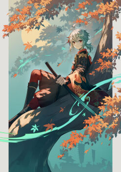 1boy absurdres antenna_hair armor branch brown_shorts closed_mouth commentary_request crossed_bangs genshin_impact hair_between_eyes hakama hakama_shorts haori highres holding holding_sword holding_weapon in_tree japanese_armor japanese_clothes kaedehara_kazuha katana knee_up leaf leaf_print long_sleeves looking_at_viewer looking_to_the_side low_ponytail male_focus maple_leaf maple_leaf_print maple_tree medium_hair mountain multicolored_hair panpanmeiyou_hp pantyhose pom_pom_(clothes) ponytail red_eyes red_hair red_pantyhose ship shorts shoulder_armor sidelocks silhouette sitting sitting_in_tree smile sode solo streaked_hair sun sword tassel tree vision_(genshin_impact) watercraft weapon white_hair wide_sleeves wind