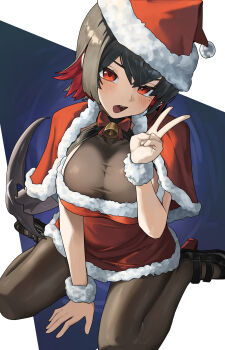 1girl absurdres aozora_1051 bell black_hair bodystocking bow bowtie breasts commentary ellen_joe english_commentary fins fish_tail fur_trim hat highres jingle_bell large_breasts mole mole_under_eye multicolored_hair pantyhose red_bow red_bowtie red_eyes red_hair santa_costume santa_hat shark_tail sharp_teeth short_hair solo tail teeth two-tone_hair v zenless_zone_zero
