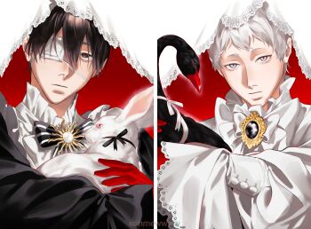 2boys absurdres alternate_costume artist_name bird black_hair closed_mouth eohme eyepatch gloves goose grey_eyes hair_between_eyes hashtag-only_commentary highres hikaru_ga_shinda_natsu indou_hikaru looking_at_viewer male_focus medical_eyepatch mole mole_on_cheek mole_under_mouth multiple_boys multiple_moles rabbit red_gloves red_pupils short_eyebrows short_hair slit_pupils tsujinaka_yoshiki white_hair