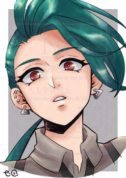 1girl absurdres ahoge androgynous asymmetrical_bangs black_necktie bright_pupils collared_shirt ear_piercing earrings green_hair highres jewelry long_hair necktie nintendo piercing pokemon pokemon_sv ponytail red_eyes reverse_trap rika_(pokemon) shirt solo suspenders taketandf triangle_earrings upper_body white_pupils