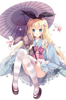 1girl alice's_adventures_in_wonderland apron blonde_hair blue_eyes blush card commentary_request flower frilled_skirt frilled_sleeves frills hair_flower hair_ornament highres holding holding_stuffed_toy holding_umbrella hoshi_(snacherubi) japanese_clothes kimono_dress long_hair looking_at_viewer obi oil-paper_umbrella okobo original platform_sandals sandals sash skirt striped_clothes striped_thighhighs stuffed_animal stuffed_toy thighhighs umbrella white_apron white_background