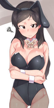 1girl animal_ear_hairband animal_ears black_leotard breasts brown_eyes brown_hair cleavage closed_mouth commentary_request cowboy_shot crossed_arms detached_collar fake_animal_ears fishnet_pantyhose fishnets hairband idolmaster idolmaster_million_live! kitazawa_shiho kurozako large_breasts leotard long_hair looking_at_viewer pantyhose playboy_bunny rabbit_ear_hairband rabbit_ears solo standing strapless strapless_leotard white_wrist_cuffs wrist_cuffs