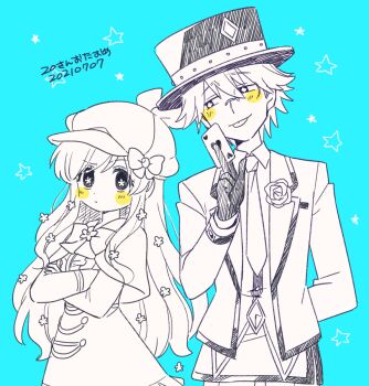 Rule 34 | 1boy, 1girl, ace (playing card), ace of hearts, arm behind back, between fingers, blush stickers, capelet, card, card between fingers, cordelia glauca, dated, deerstalker, diamond in eye, flower in eye, glasses, gloves, greyscale with colored background, hat, heart, highres, holding, holding card, jacket, long hair, looking at another, playing card, symbol in eye, tantei opera milky holmes, tongue, tongue out, top hat, translation request, tsunoji, twenty (milky holmes)