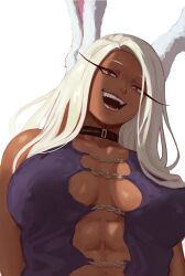 Rule 34 | 1girl, :d, abs, animal ears, artist name, bare shoulders, black choker, boku no hero academia, breasts, chain, choker, collarbone, commentary, covered nipples, dark-skinned female, dark skin, english commentary, highres, large breasts, long eyelashes, long hair, looking at viewer, mirko, open mouth, parted bangs, rabbit ears, rabbit girl, red eyes, shibarinsfw, shirt, sleeveless, sleeveless shirt, smile, solo, teeth, toned female, upper body, white background, white hair