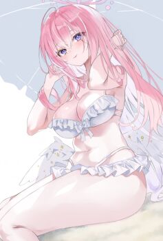 1girl angel_wings bare_shoulders bikini blue_archive blush bow bow_bikini breasts closed_mouth commentary feathered_wings frilled_bikini frills halo highres large_breasts long_hair low_wings marant38 mika_(blue_archive) mika_(swimsuit)_(blue_archive) navel parasol pink_hair pink_halo purple_eyes shiny_skin simple_background sitting smile solo stomach swimsuit thighs umbrella white_background white_bikini white_bow white_wings wings