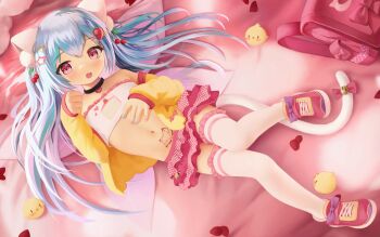 1girl animal_ear_fluff animal_ears backpack bag bare_shoulders bell black_choker blue_hair blue_nails bow cat_ears cat_girl cat_tail cherry_hair_ornament choker clenched_hand commentary commission crumbles english_commentary flat_chest food-themed_hair_ornament footwear_bow frilled_thighhighs frills full_body hair_ornament heart heart_choker heart_hair_ornament highres indie_virtual_youtuber jacket jingle_bell jojifuku large_variant_set loli long_hair long_sleeves looking_at_viewer lying midriff multicolored_hair multicolored_nails navel on_back open_clothes open_jacket open_mouth pink_bow pink_eyes pink_hair pink_nails pink_shoes pink_skirt pubic_tattoo purple_bow purple_wings randoseru shimo_hisae shoes skirt sneakers solo star_(symbol) star_hair_ornament strapless strawberry_hair_ornament tail tail_bell tail_bow tail_ornament tattoo thighhighs tube_top twintails two-tone_hair unworn_backpack unworn_bag variant_set virtual_youtuber white_thighhighs white_tube_top wings yellow_jacket