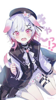 1girl absurdres animal_ears belt belt_buckle beret black_belt black_choker black_dress black_hat black_shoes blush bow bowtie buckle choker clenched_hand commentary_request dog_ears dog_girl dog_tail dress fang flower from_above full_body gradient_hair hair_flower hair_ornament hand_up hat highres kemonomimi_mode kyafu long_sleeves looking_at_viewer looking_up mahou_shoujo_no_majo_saiban multicolored_hair o-ring o-ring_thigh_strap open_clothes open_dress open_mouth pink_eyes pink_hair sakuraba_ema shirt shoes short_hair short_shorts shorts signature sitting skindentation small_sweatdrop socks solo swept_bangs tail tearing_up thigh_strap translation_request twitter_username wariza watermark white_background white_bow white_bowtie white_flower white_hair white_shirt white_shorts white_socks x_hair_ornament