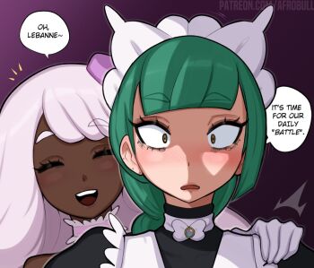 Rule 34 | 2girls, afrobull, blunt bangs, blush, bow, bowtie, braid, closed eyes, dark-skinned female, dark skin, gloves, green hair, jacinthe (pokemon), lebanne (pokemon), long braid, long hair, maid, maid headdress, multiple girls, nintendo, open mouth, pokemon, pokemon legends: z-a, purple hair, very dark skin, white bow, white bowtie, white gloves