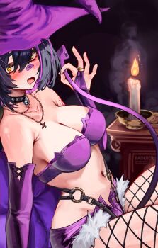 1girl ass badkrol bandaid bandaid_on_face bandaid_on_nose bare_shoulders bell bikini black_hair blush breasts candle cleavage collar commentary curvy demon_girl demon_tail embarrassed english_commentary fellatio_gesture fishnet_pantyhose fishnets halloween_costume handjob_gesture hat highres indie_virtual_youtuber large_breasts looking_at_viewer medium_breasts midriff multicolored_hair navel navel_piercing open_mouth orange_eyes original pantyhose piercing punk purple_hair purple_streaks rainhoe sexually_suggestive shorts smoke solo spiked_collar spikes streaked_hair surprised swimsuit tail thighs tongue tongue_out underwear virtual_youtuber witch witch_hat