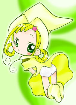 1girl all_fours artist_request ass asuka_momoko blush boots dress from_behind green_background green_hair hair_ornament hair_rings hat loli looking_at_viewer looking_back ojamajo_doremi open_mouth panties short_sleeves star_(symbol) star_hair_ornament underwear white_panties witch witch_hat yellow_boots yellow_dress yellow_hat