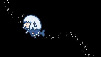 air_bubble black_background bubble chibi fins fish_tail gawr_gura gawr_gura_(1st_costume) hair_ornament hololive hololive_english shark_hair_ornament shark_tail short_hair simple_background smol_gura sparkle sutee_c swimming tail virtual_youtuber white_hair