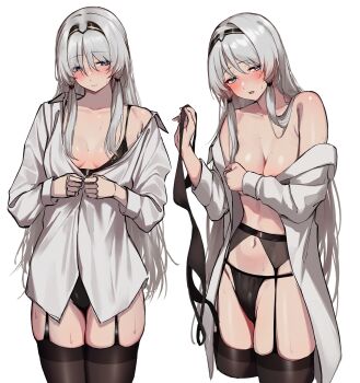 1girl 3_small_spiders an-94_(girls&#039;_frontline) aqua_eyes aqua_hair black_bra black_panties bra covering_breasts covering_privates garter_belt girls&#039;_frontline hairband helmet highres holding holding_bra holding_underwear holding_unworn_clothes holding_unworn_helmet long_hair multiple_views no_pants open_clothes open_shirt panties shirt solo unbuttoned unbuttoned_shirt underwear unworn_headwear unworn_helmet white_background white_shirt