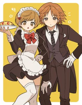 Rule 34 | 1boy, 1girl, :o, alternate costume, apron, black dress, black necktie, blush, border, bow, brown coat, brown eyes, brown hair, brown pants, brown vest, butler, closed mouth, coat, commentary request, dress, enmaided, feet out of frame, food, frown, gloves, hairband, hanamura yousuke, hand on own hip, hand on own thigh, highres, holding, holding food, holding plate, korean commentary, long sleeves, looking at viewer, maid, maid apron, maid headdress, necktie, notice lines, omelet, omurice, open mouth, outside border, pants, persona, persona 4, plate, red bow, satonaka chie, shirt, shiryoku kensa, short hair, star (symbol), thighhighs, vest, white apron, white border, white gloves, white hairband, white shirt, white thighhighs, yellow background, zettai ryouiki