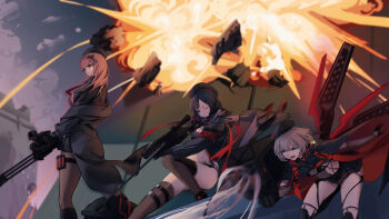 3girls absolute_(nikke) beret black_hair blue_eyes breasts brown_hair cleavage closed_mouth commentary_request emma_(nikke) emma_(tactical_upgrade)_(nikke) eunhwa_(nikke) eunhwa_(tactical_upgrade)_(nikke) explosion feet_out_of_frame gatling_gun goddess_of_victory:_nikke gun hat highres holding holding_gun holding_weapon large_breasts long_hair medium_breasts multiple_girls navel one_eye_closed open_mouth outdoors purple_eyes purple_hair q10u rifle rocket_launcher short_hair small_breasts sniper_rifle sports_bra standing teeth thighs vesti_(nikke) vesti_(tactical_upgrade)_(nikke) weapon