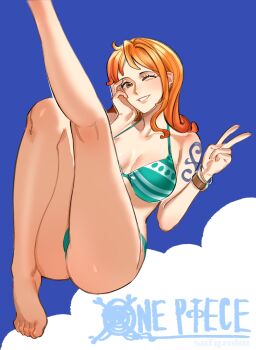 1girl ass bangle bare_legs bare_shoulders barefoot bikini bracelet breasts brown_eyes cleavage cloud collarbone commentary copyright_name foot_out_of_frame green_bikini halterneck hand_on_own_cheek hand_on_own_face highres jewelry jolly_roger kneepits large_breasts leg_up legs lips log_pose long_hair looking_at_viewer nami_(one_piece) one_eye_closed one_piece orange_hair parted_lips pink_lips shoulder_tattoo single_sidelock sitting sofyzuko solo straw_hats_jolly_roger swimsuit tattoo thighs toes v wavy_hair
