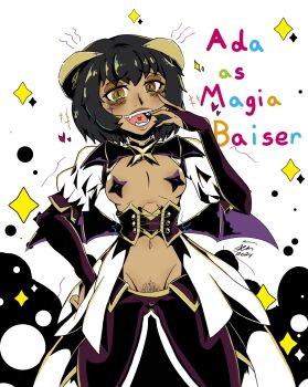 bags_under_eyes bat_brooch blush breastless_clothes breasts brooch corset cosplay cross cross_facial_mark cross_pasties dark_skin facial_mark fold-over_gloves forward-facing_horns highres horns jem.designs jewelry lowleg lowleg_pants magia_baiser magia_baiser_(cosplay) mahou_shoujo_ni_akogarete original pants pasties purple_corset revealing_clothes riding_crop shrug_(clothing) smile star_(symbol) star_pasties thick_lips white_shrug wings yellow_eyes yellow_horns