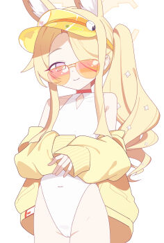 1girl absurdres alternate_hairstyle animal_ears blonde_hair blue_archive collarbone flat_chest fox_ears fox_girl hair_ornament hair_over_one_eye halo hat hat_ornament highleg highleg_one-piece_swimsuit highres jacket loli long_hair long_sleeves looking_at_viewer mou_banlangen off-shoulder_jacket off_shoulder official_alternate_costume one-piece_swimsuit open_clothes open_jacket pink_eyes ponytail seia_(blue_archive) seia_(swimsuit)_(blue_archive) side_ponytail sidelocks simple_background smile solo standing star_(symbol) star_hair_ornament sunglasses swimsuit tinted_eyewear visor_cap white_background white_one-piece_swimsuit yellow_halo yellow_hat yellow_jacket