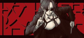 Rule 34 | 1girl, absurdres, angelia (girls' frontline), black border, black hair, black jacket, black necktie, border, breasts, chest harness, cigarette holder, closed mouth, commentary, emile aoi, english commentary, girls' frontline, gun, harness, highres, holding, holding gun, holding weapon, jacket, long hair, long sleeves, looking at viewer, medium breasts, mouth hold, necktie, open clothes, open jacket, ponytail, red background, shirt, simple background, solo, sunglasses, upper body, weapon, white shirt